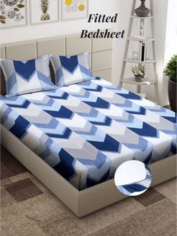 ARRABI - Blue Geometric 310 TC Cotton Blend King Fitted Bedsheet with 2 Pillow Covers