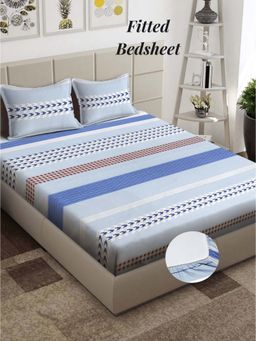 ARRABI - Blue Geometric 310 TC Cotton Blend King Fitted Bedsheet with 2 Pillow Covers