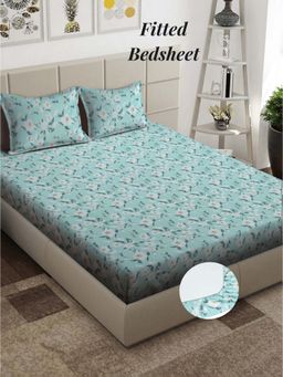ARRABI - Green Floral 310 TC Cotton Blend King Fitted Bedsheet with 2 Pillow Covers