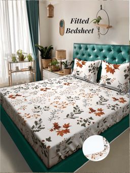 ARRABI - Cream Leaf 310 TC Cotton Blend Super King Fitted Bedsheet with 2 Pillow Covers