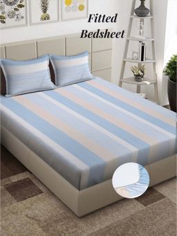 ARRABI - Blue Stripes 310 TC Cotton Blend Super King Fitted Bedsheet with 2 Pillow Covers