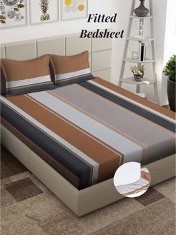 ARRABI - Brown Stripes 310 TC Cotton Blend King Fitted Bedsheet with 2 Pillow Covers