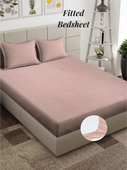 ARRABI - Brown Stripes 310 TC Cotton Blend King Fitted Bedsheet with 2 Pillow Covers