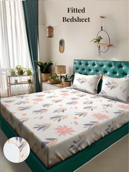 ARRABI - White Floral 310 TC Cotton Blend King Fitted Bedsheet with 2 Pillow Covers