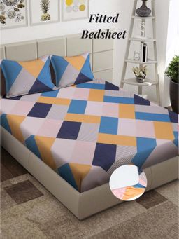 ARRABI - Multi Check 310 TC Cotton Blend King Fitted Bedsheet with 2 Pillow Covers