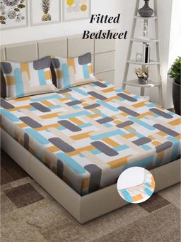ARRABI - Multi Geometric 310 TC Cotton Blend King Fitted Bedsheet with 2 Pillow Covers