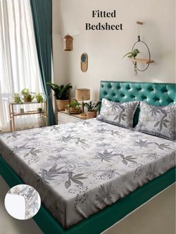 ARRABI - Grey Floral 310 TC Cotton Blend King Fitted Bedsheet with 2 Pillow Covers