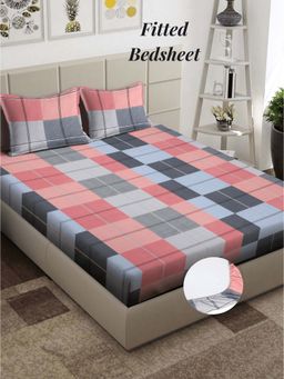 ARRABI - Multi Check 310 TC Cotton Blend King Fitted Bedsheet with 2 Pillow Covers