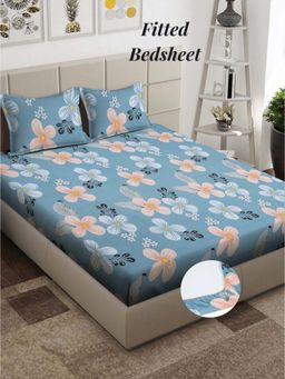 ARRABI - Blue Floral 310 TC Cotton Blend King Fitted Bedsheet with 2 Pillow Covers