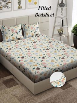 ARRABI - Cream Floral 310 TC Cotton Blend King Fitted Bedsheet with 2 Pillow Covers