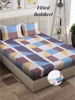 ARRABI - Multi Geometric 310 TC Cotton Blend King Fitted Bedsheet with 2 Pillow Covers