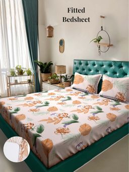 ARRABI - Cream Floral 310 TC Cotton Blend Super King Fitted Bedsheet with 2 Pillow Covers