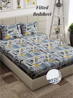 ARRABI - Multi Geometric 310 TC Cotton Blend King Fitted Bedsheet with 2 Pillow Covers