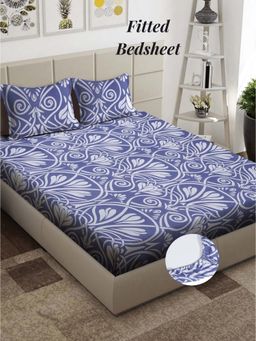 ARRABI - Purple Floral 310 TC Cotton Blend King Fitted Bedsheet with 2 Pillow Covers