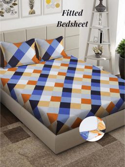 ARRABI - Multi Check 310 TC Cotton Blend King Fitted Bedsheet with 2 Pillow Covers