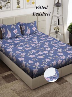 ARRABI - Blue Floral 310 TC Cotton Blend King Fitted Bedsheet with 2 Pillow Covers