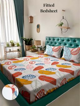 ARRABI - Multi Leaf 310 TC Cotton Blend King Fitted Bedsheet with 2 Pillow Covers