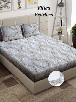 ARRABI - Grey Leaf 310 TC Cotton Blend King Fitted Bedsheet with 2 Pillow Covers