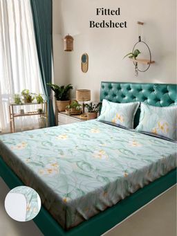 ARRABI - Green Leaf 310 TC Cotton Blend King Fitted Bedsheet with 2 Pillow Covers