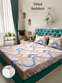 ARRABI - Cream Geometric 310 TC Cotton Blend King Fitted Bedsheet with 2 Pillow Covers