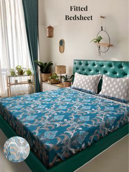 ARRABI - Beige Floral 310 TC Cotton Blend Super King Fitted Bedsheet with 2 Pillow Covers