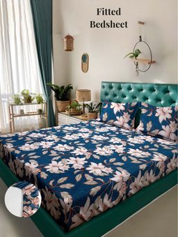 ARRABI - Blue Floral 310 TC Cotton Blend King Fitted Bedsheet with 2 Pillow Covers