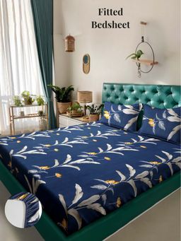 ARRABI - Blue Floral 310 TC Cotton Blend King Fitted Bedsheet with 2 Pillow Covers