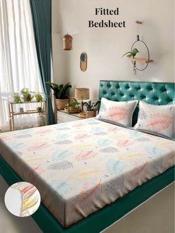 ARRABI - Cream Leaf 310 TC Cotton Blend Super King Fitted Bedsheet with 2 Pillow Covers