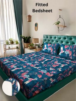 ARRABI - Blue Animal 310 TC Cotton Blend King Fitted Bedsheet with 2 Pillow Covers