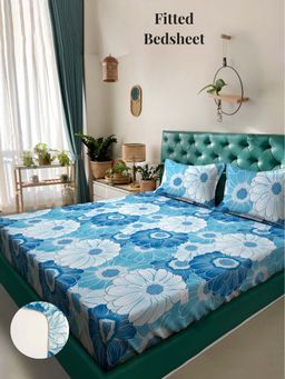 ARRABI - Blue Floral 310 TC Cotton Blend King Fitted Bedsheet with 2 Pillow Covers