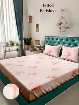 ARRABI - Peach Floral 310 TC Cotton Blend King Fitted Bedsheet with 2 Pillow Covers