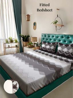 ARRABI - Grey Check 310 TC Cotton Blend King Fitted Bedsheet with 2 Pillow Covers