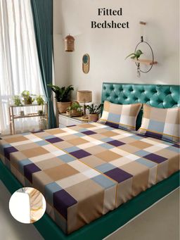 ARRABI - Multi Geometric 310 TC Cotton Blend Super King Fitted Bedsheet with 2 Pillow Covers