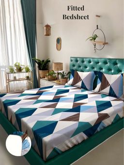 ARRABI - Blue Geometric 310 TC Cotton Blend Super King Fitted Bedsheet with 2 Pillow Covers