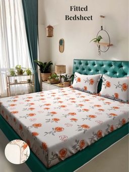 ARRABI - Cream Floral 310 TC Cotton Blend Super King Fitted Bedsheet with 2 Pillow Covers