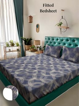 ARRABI - Grey Geometric 310 TC Cotton Blend Super King Fitted Bedsheet with 2 Pillow Covers