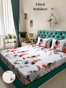ARRABI - White Floral 310 TC Cotton Blend King Fitted Bedsheet with 2 Pillow Covers