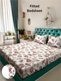 ARRABI - White Floral 310 TC Cotton Blend King Fitted Bedsheet with 2 Pillow Covers