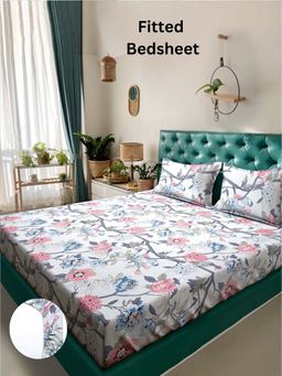 ARRABI - Multi Floral 310 TC Cotton Blend King Fitted Bedsheet with 2 Pillow Covers