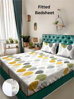 ARRABI - Multi Leaf 310 TC Cotton Blend King Fitted Bedsheet with 2 Pillow Covers