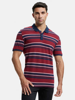 Jockey - US93 Men Super Combed Cotton Striped Polo T-Shirt - Deep Red and Navy