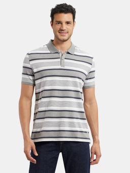 Jockey - US93 Men Super Combed Cotton Striped Polo T-Shirt - Grey Melange and Navy