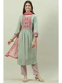 Biba - Green Floral Kurta (Set of 3)