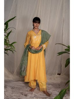 PANTS AND PAJAMAS - Yellow Chikan Embroidered Kurta (Set of 3)