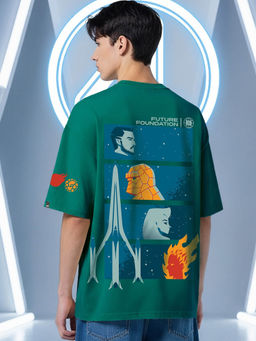 Bewakoof - Official Marvel Men's Dark Sea Green Future Foundation Graphic Printed Oversized T-shirt