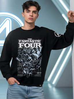 Bewakoof - Official Marvel Men's Jet Black The Four Graphic Printed Oversized T-shirt