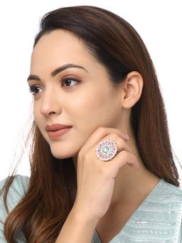 Yellow Chimes - Gold-Plated White and Green Moti Studded Meenakari Designed Finger Ring