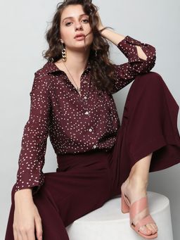 VERO MODA - Women Polka Dots Casual Maroon Shirt