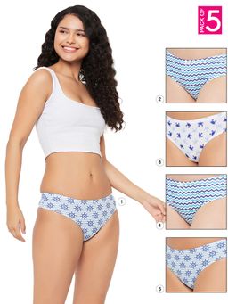 Clovia - Cotton Low Waist Printed Thong with Inner Elastic Multi-Color (Pack of 5)
