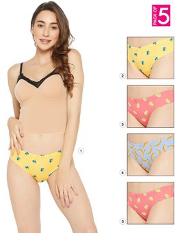 Clovia - Cotton Low Waist Printed Thong with Inner Elastic Multi-Color (Pack of 5)